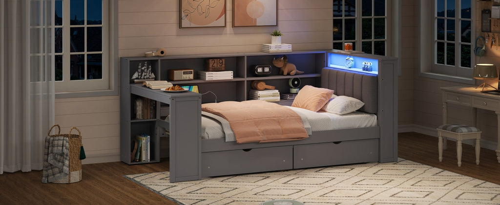 Wood Twin Size Platform Bed with Storage Shelves and Charging Station