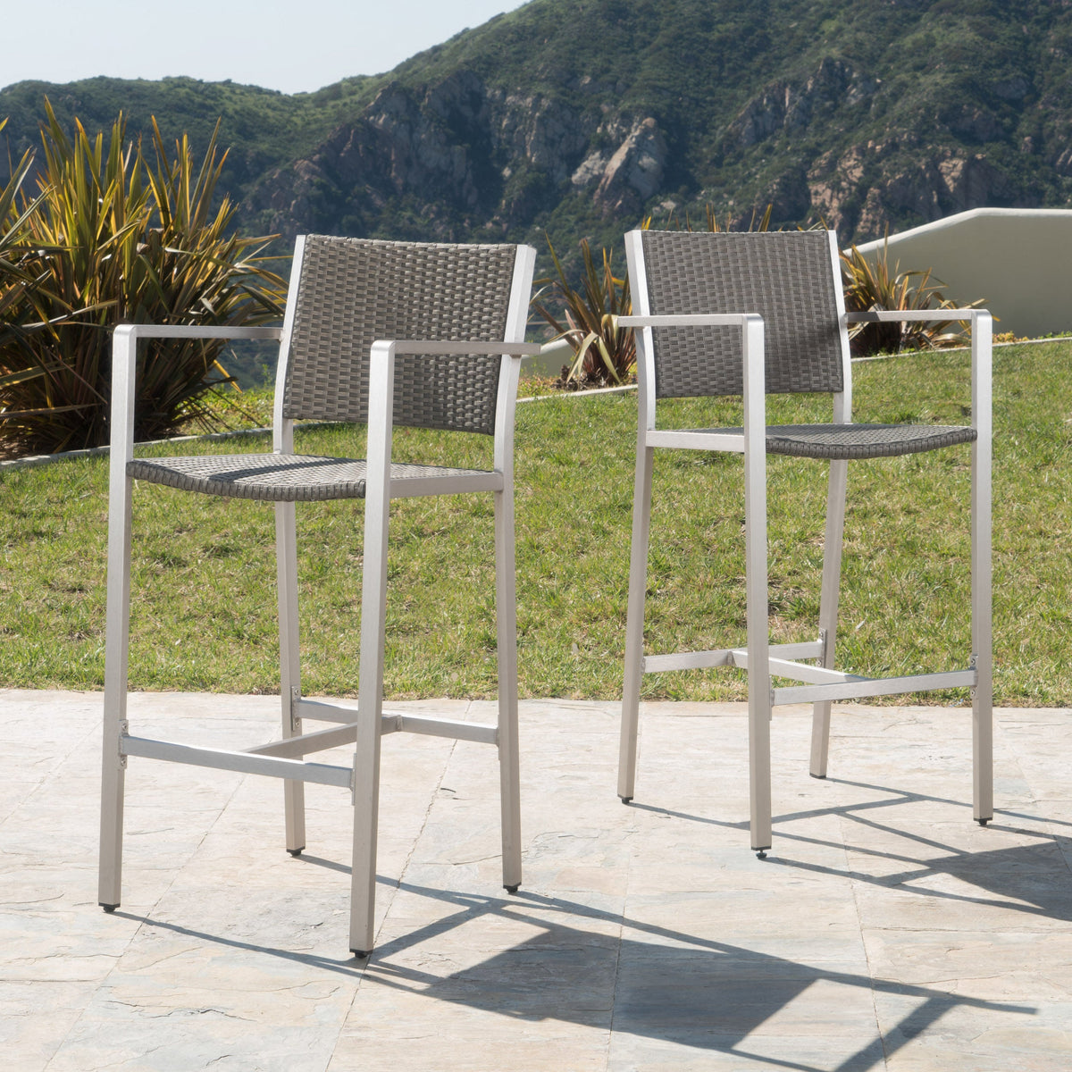 Outdoor Rust-Proof Aluminum Barstools with PE Rattan Seat - Set of 2