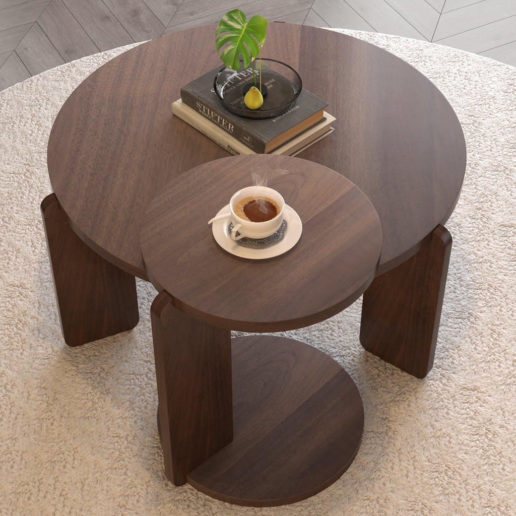 32.68 Inch Nesting Round Wood Coffee Table with End Table Set of 2