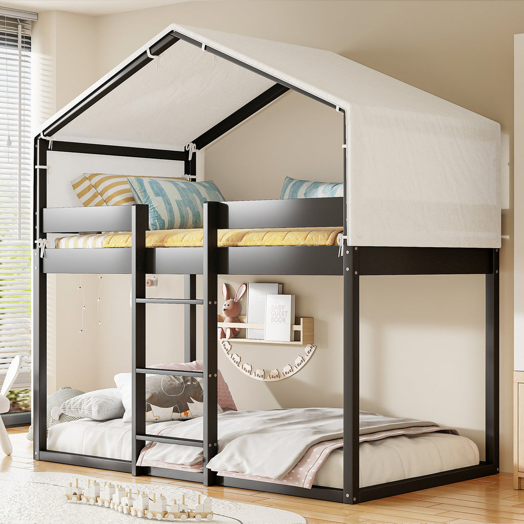 Twin Over Twin Wood Bunk Bed with Tent in Espresso