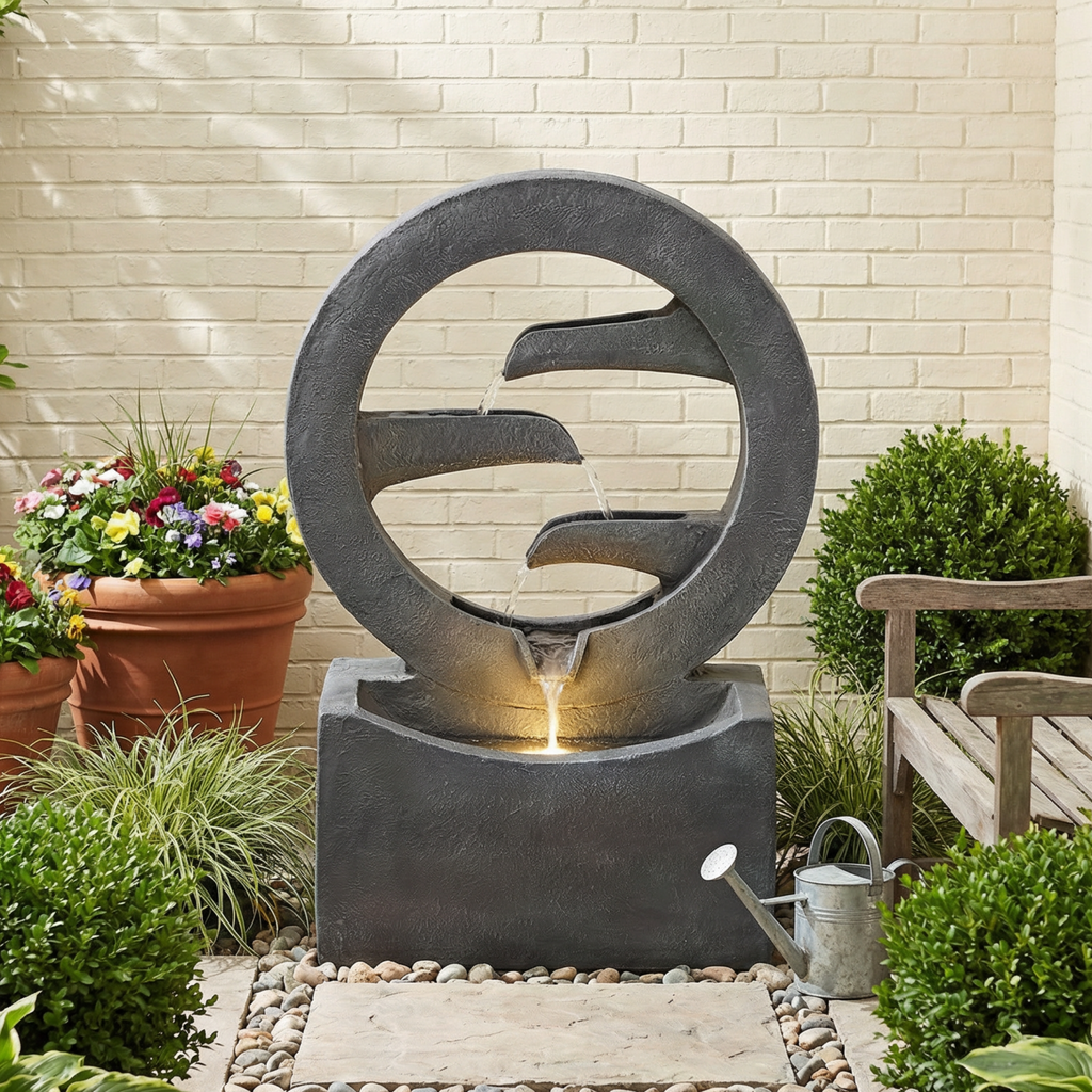 26.77"H Modern Circular Outdoor Fountain with LED Light