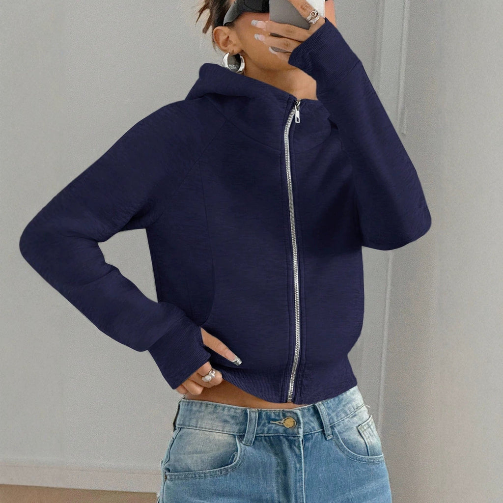 Solid-color Cropped Hooded Sweatshirt For Women