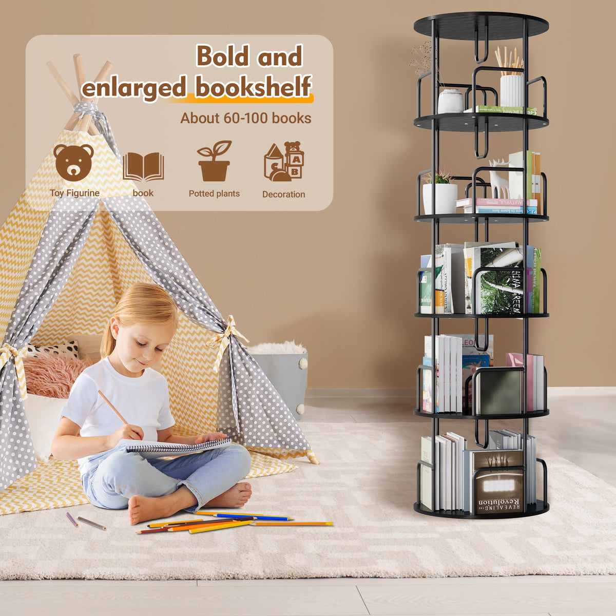 Rotating Bookshelf Tower - 5 Tier