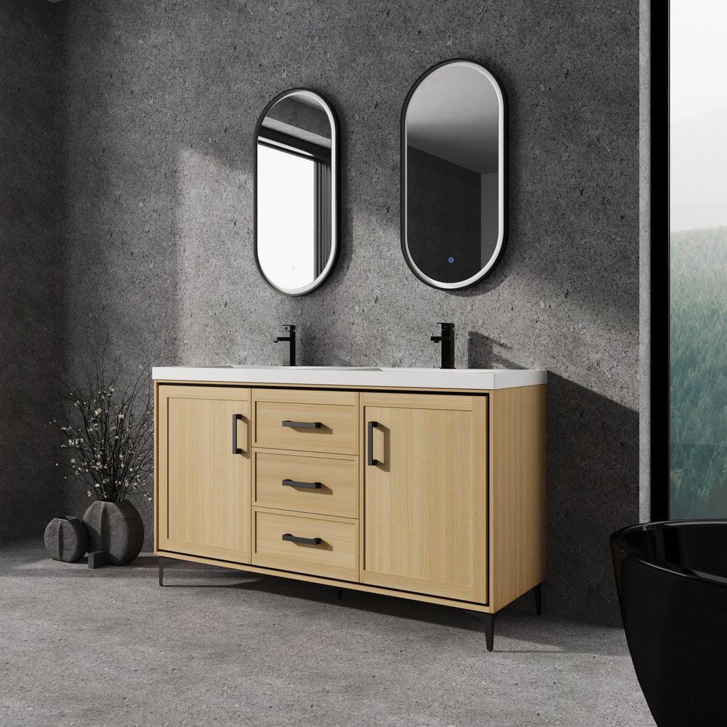 60" Freestanding Bathroom Vanity with Double Resin Sink
