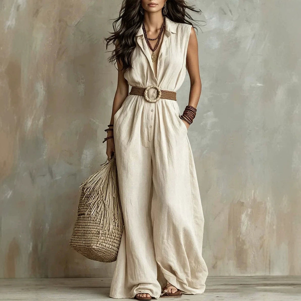 European And American Women's Fashion Cross-border Summer New Loose V-neck Sleeveless Solid Color Casual Elegant Buttoned Women's Jumpsuit