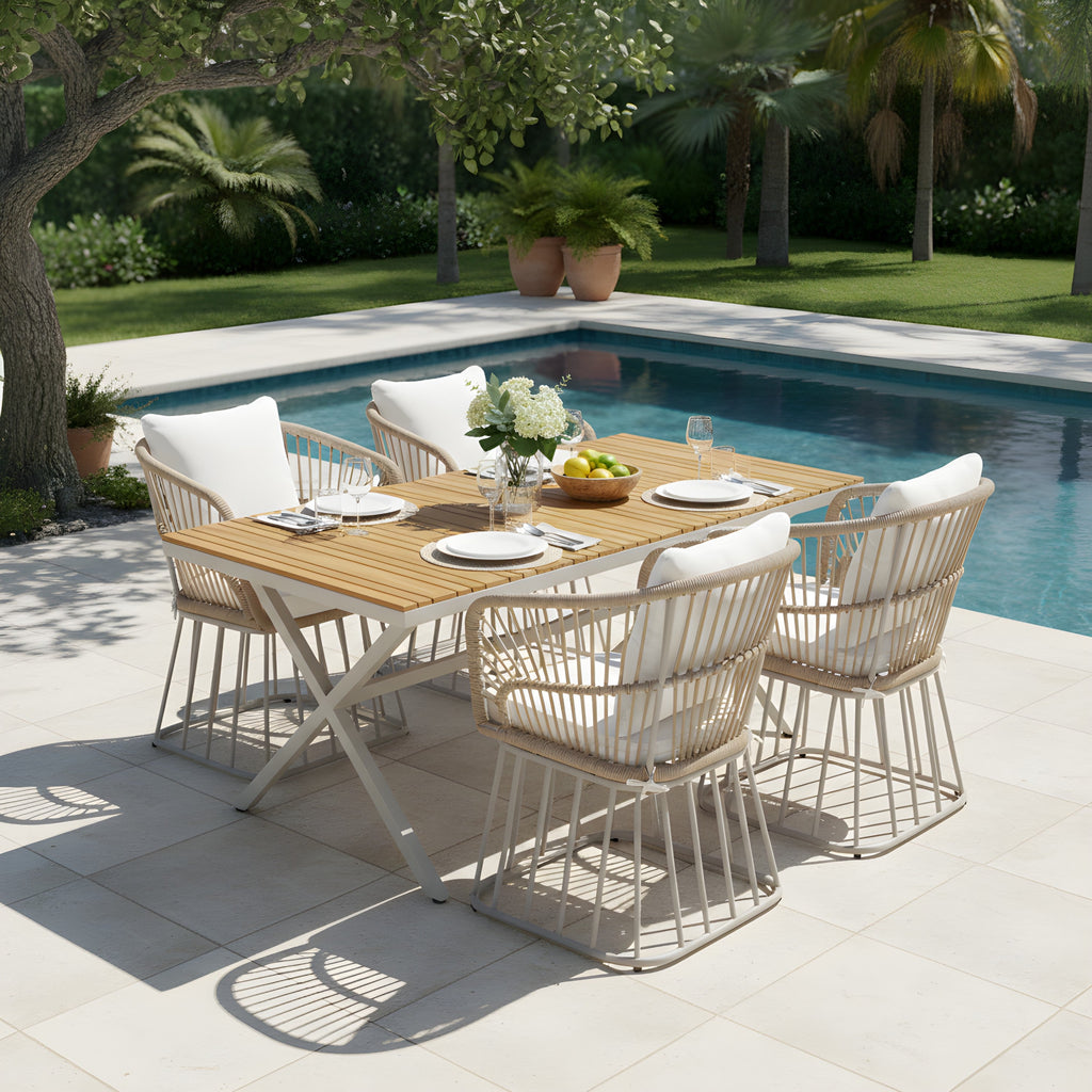 Outdoor 5-Piece Dining Set - Rectangular Teak Wood Table + 4 Wicker Chairs