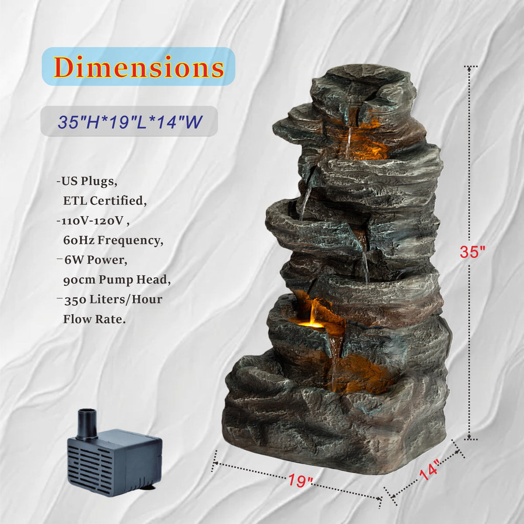 6-Tier Outdoor Cascading Stone Water Fountain with LED Lights