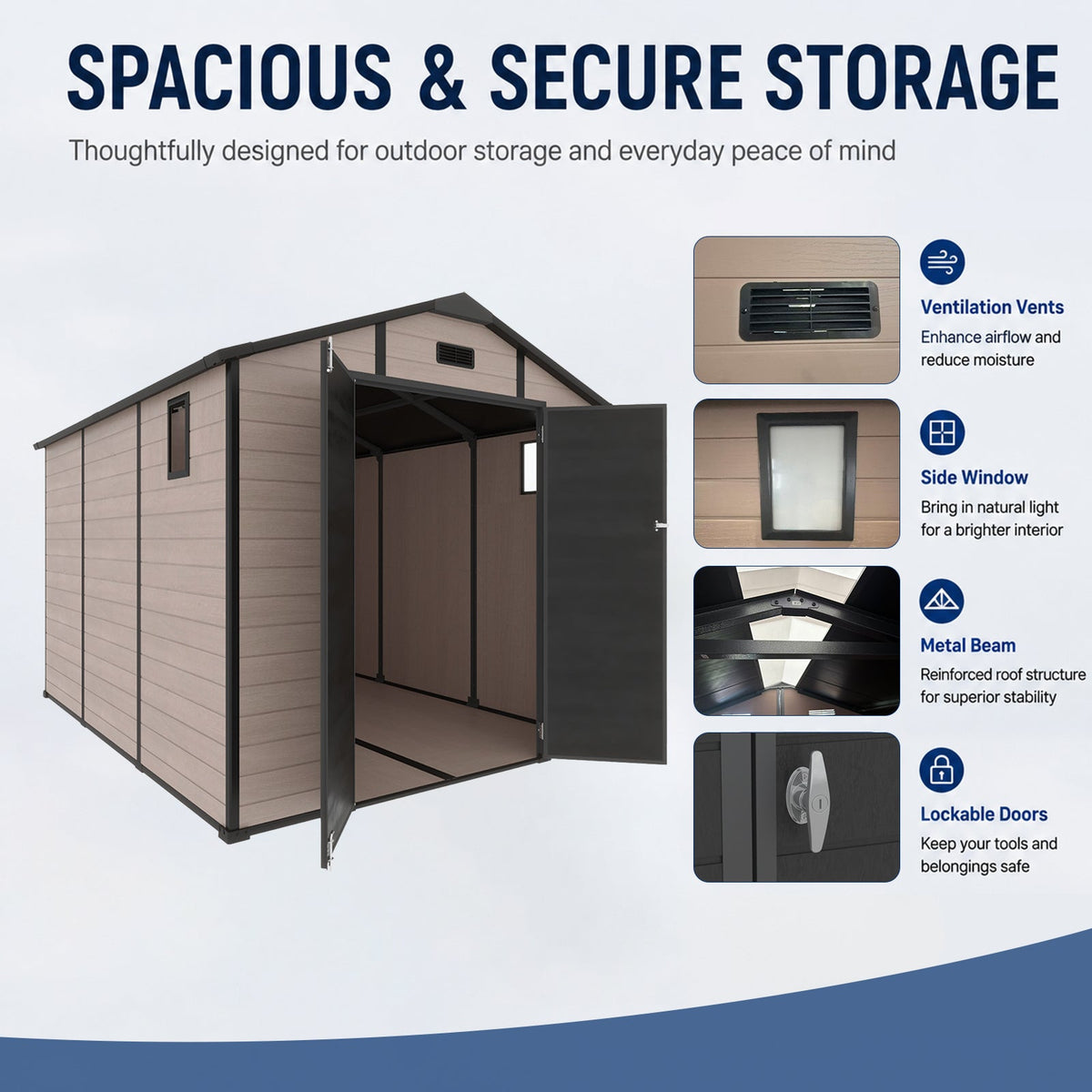 8x10 FT Plastic Outdoor Storage Shed - Lockable Resin Tool Shed