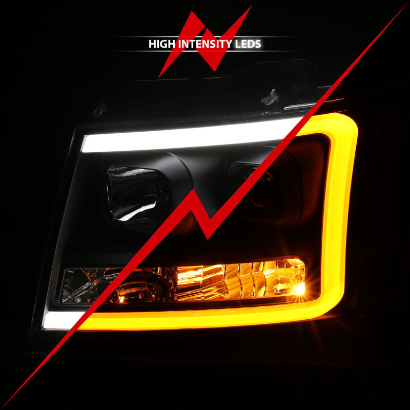 ANZO 07-14 Chevy Tahoe Projector Headlights w/ Plank Style Design Black w/ Amber 111402