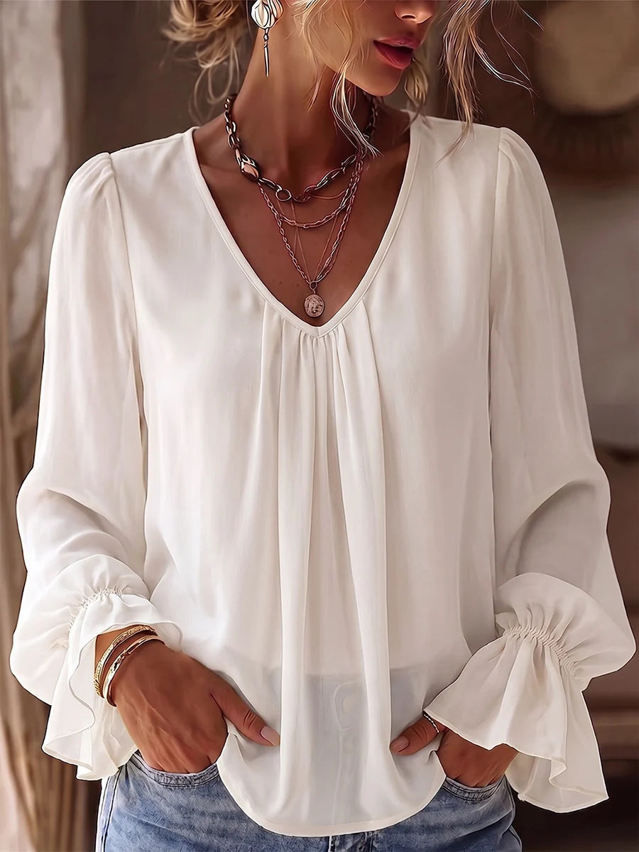European And American Cross-border Amazon New V-neck Pleated Elegant Loose Casual Solid Color Long-sleeve Women's Shirt