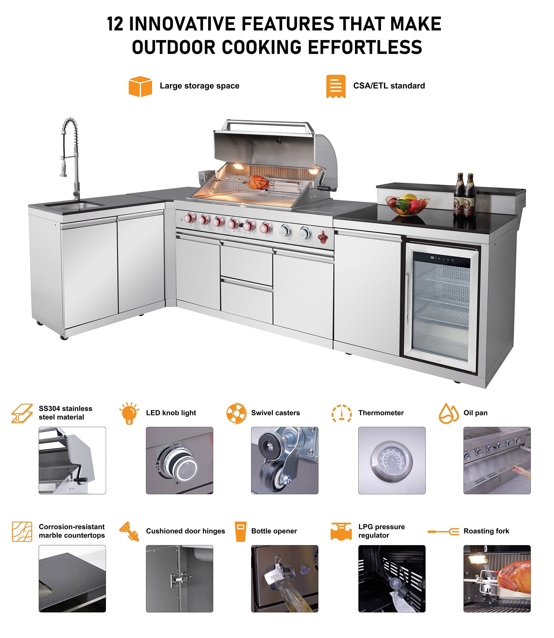 Outdoor Kitchen Island with 6+1 Burner Propane Gas BBQ Grill