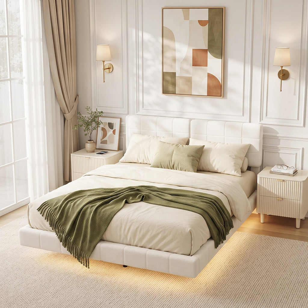 White Boucle Floating Bed with Light, King
