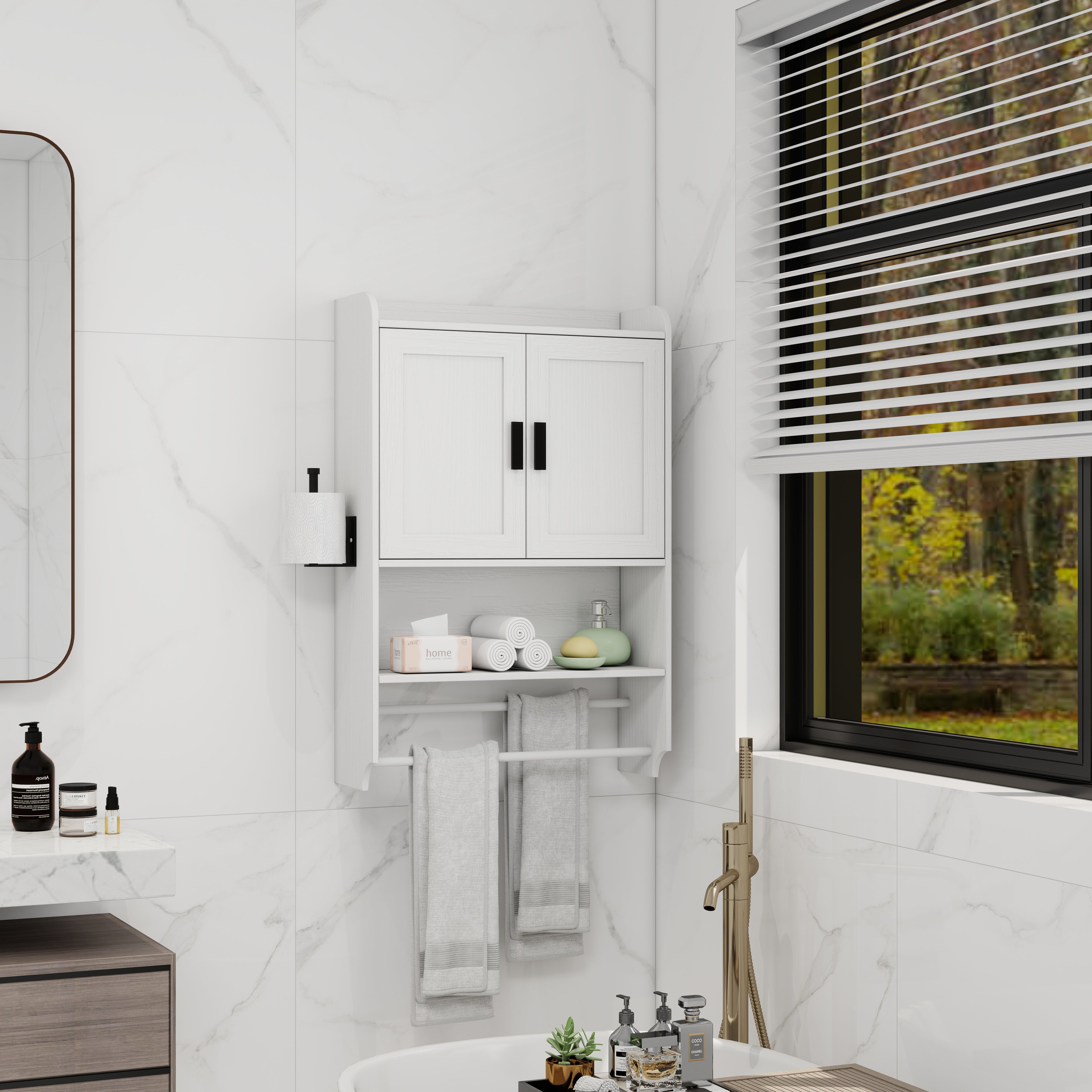 Bathroom Wall Cabinet with Doors, Adjustable Shelf, Towel Bar and Paper Holder
