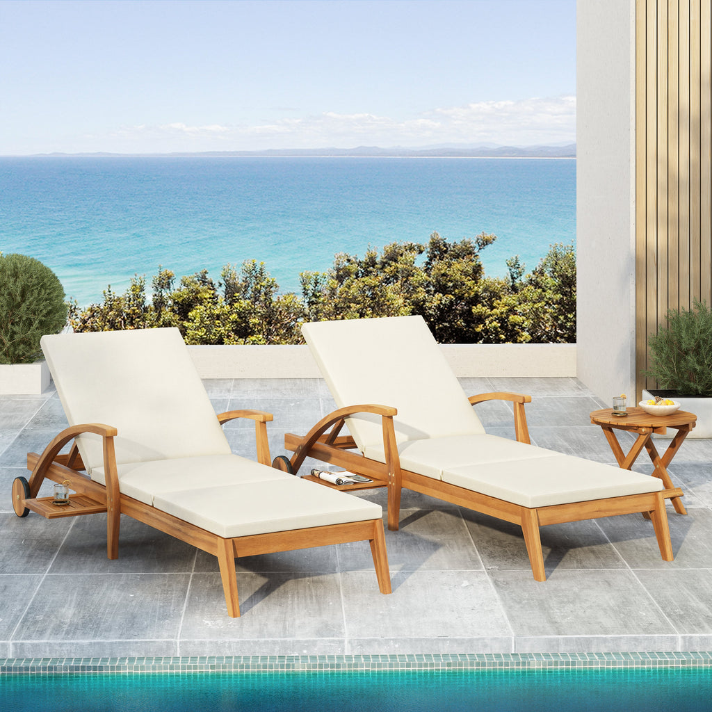 Chaise Lounge With Wheel - Acacia Wood Recliner for Patio