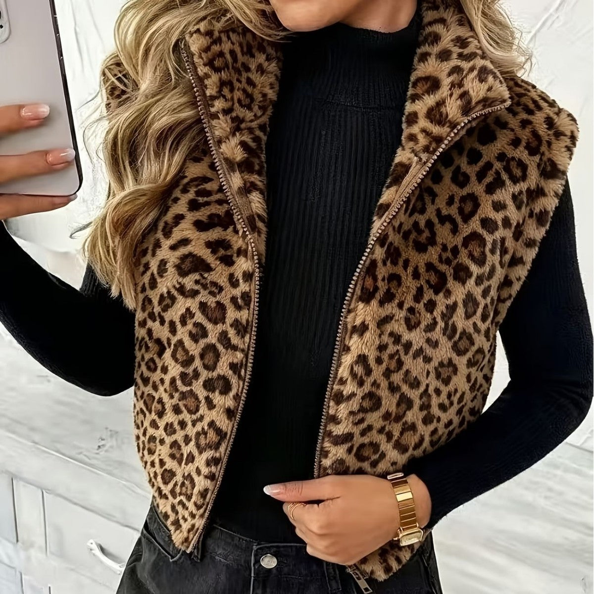 Leopard-print Sleeveless Vest Double-sided Fleece Jacket