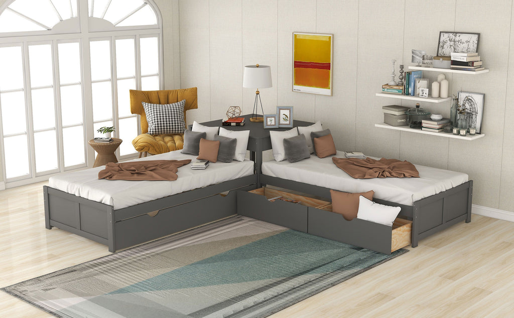 L-Shaped Platform Bed with Trundle and Built-In Desk - Gray