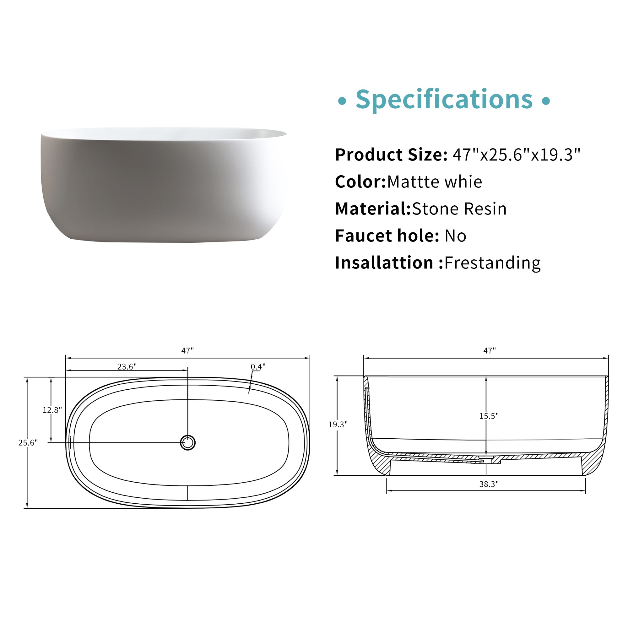 LILYA 47'' Independent Solid Surface Resin Stone Bathtub
