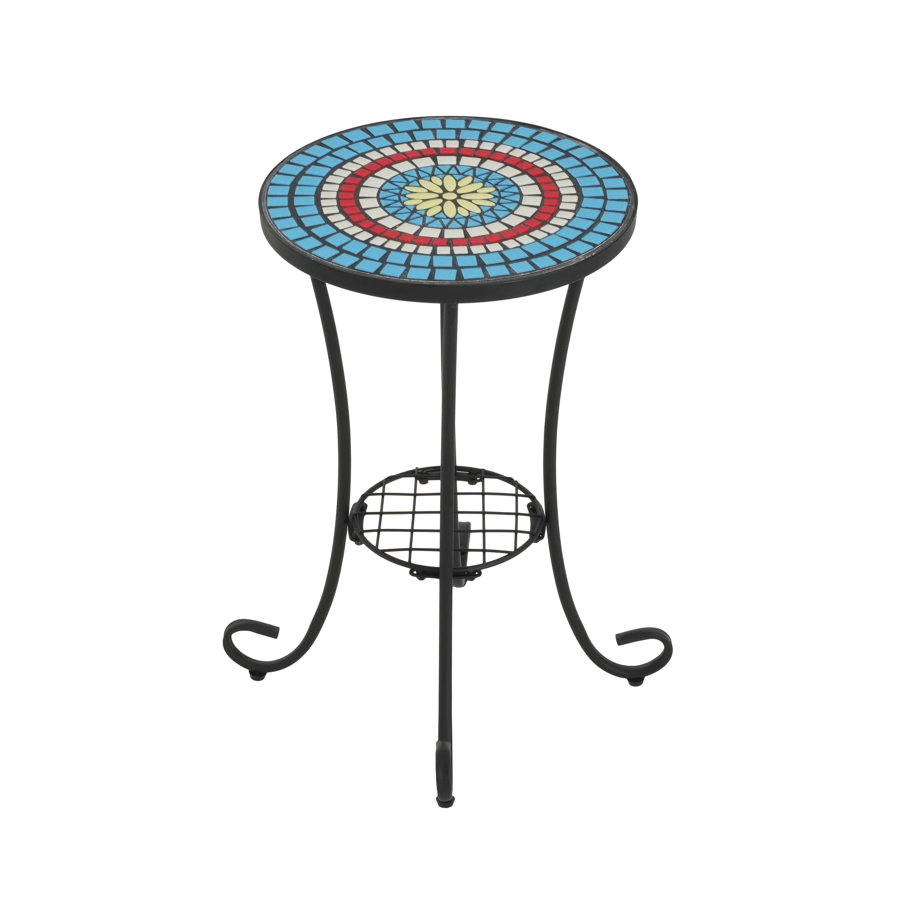 Patio Side Table with Shelf, Blue + Black