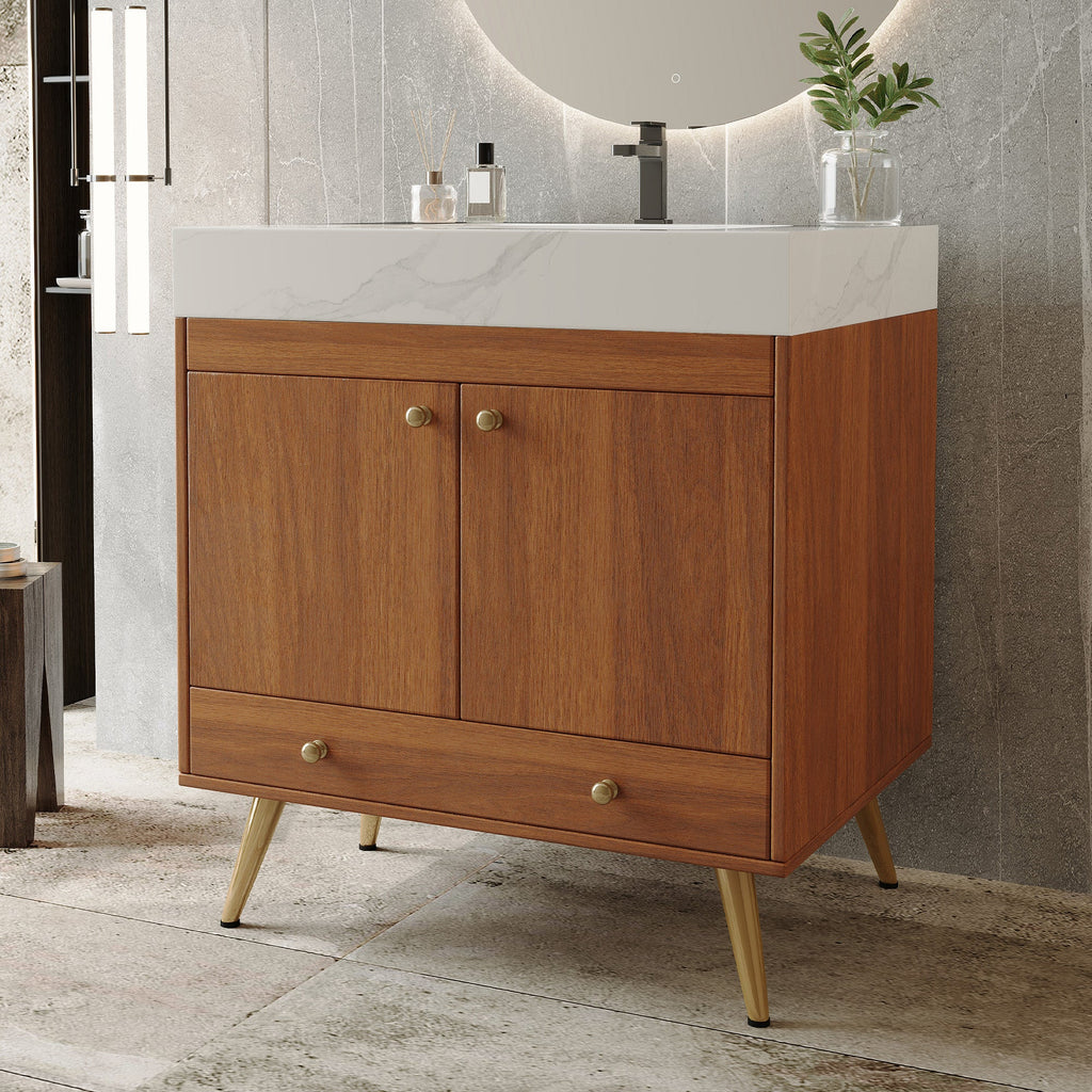 Mid-Century Freestanding Bathroom Vanity with Faux Marble Top