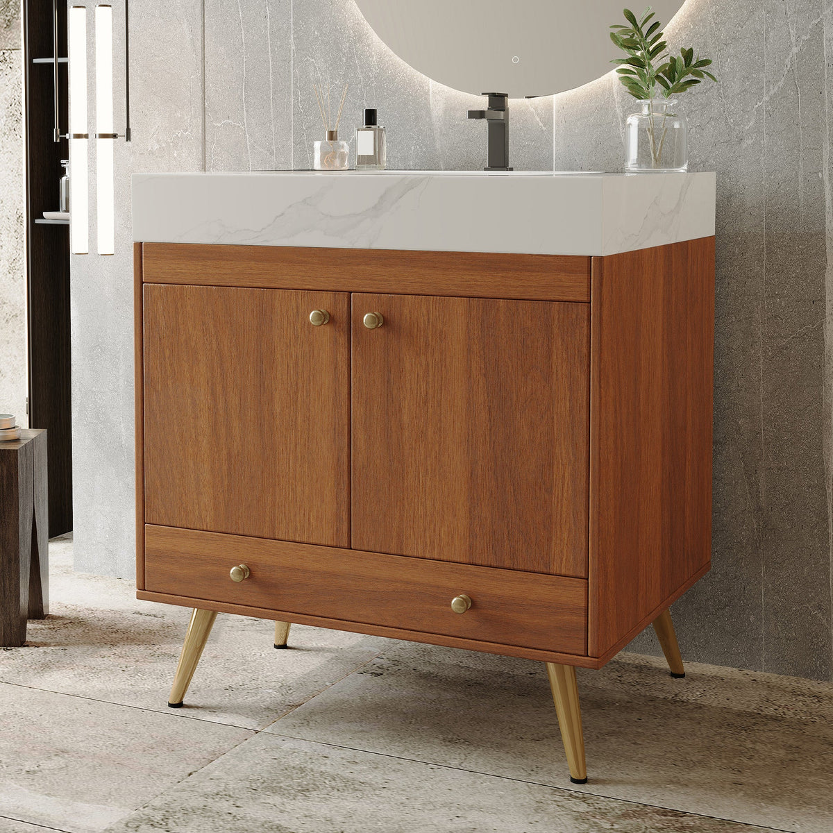 Mid-Century Freestanding Bathroom Vanity with Faux Marble Top