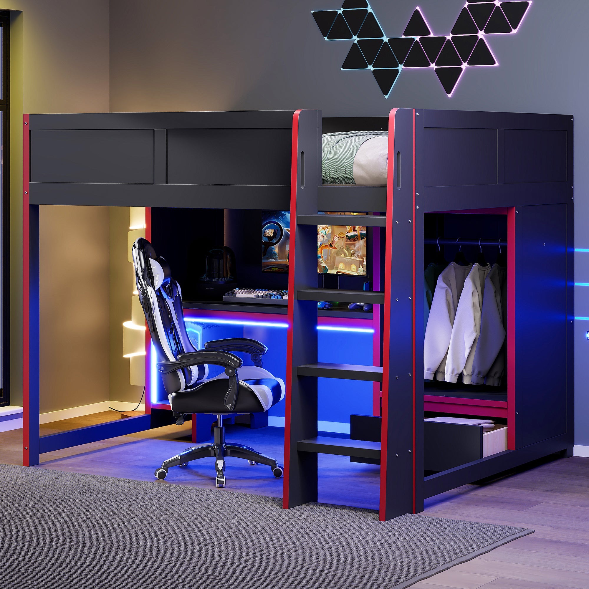 Wood Full Size Gaming Loft Bed with Built-in Desk, Wardrobe, LED and Drawer