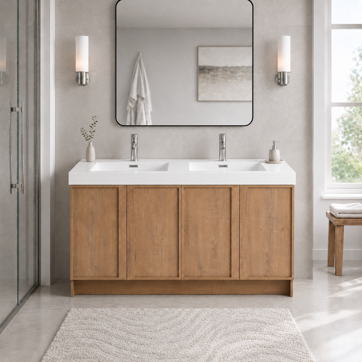 60" Freestanding Bathroom Vanity With Dual Resin Sink