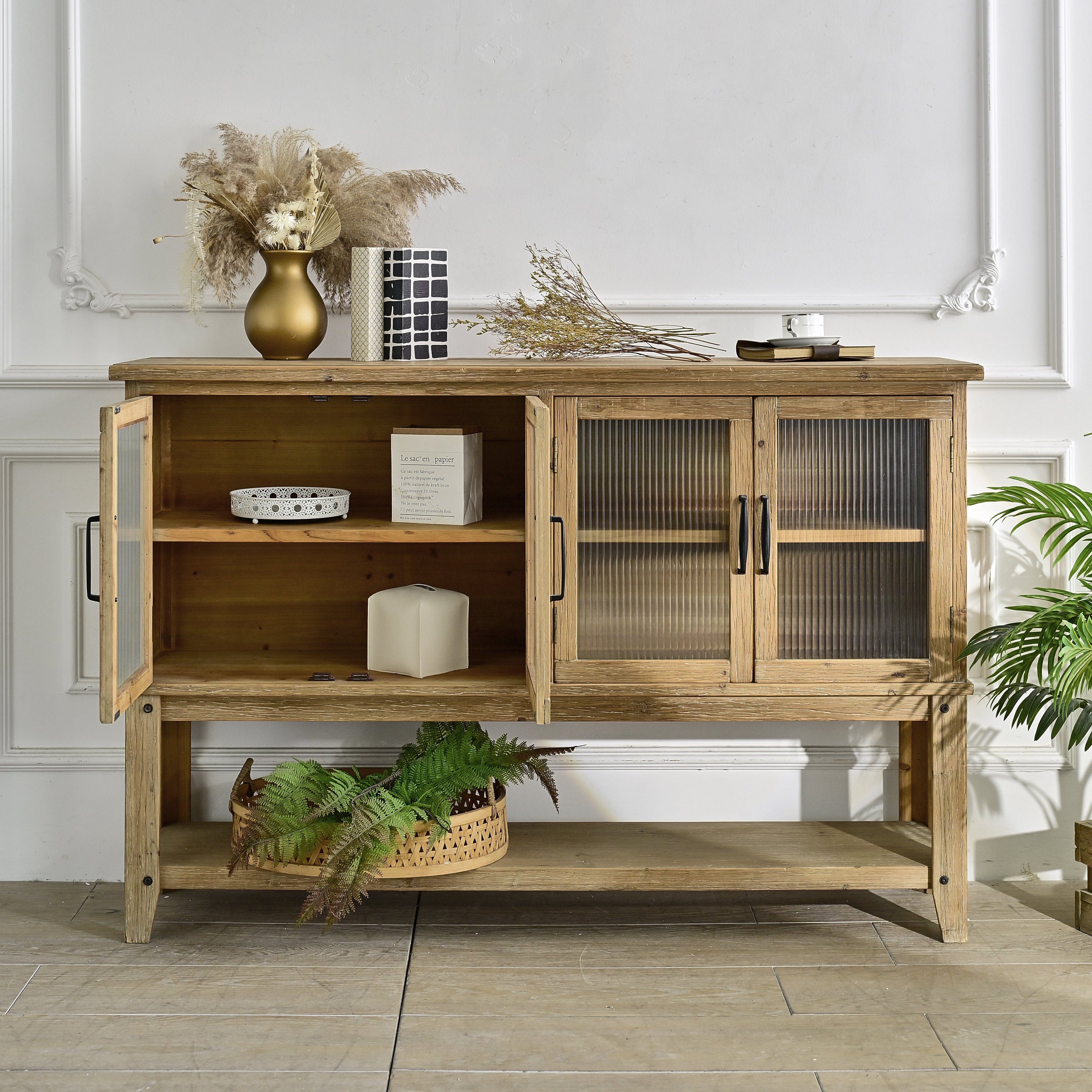 59.06" Rectangle Accent Glass Door Wooden Sideboard Cabinet