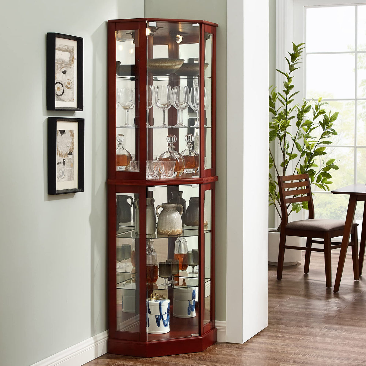 6 Shelf Corner Curio Display Cabinet with Lights and Mirrors