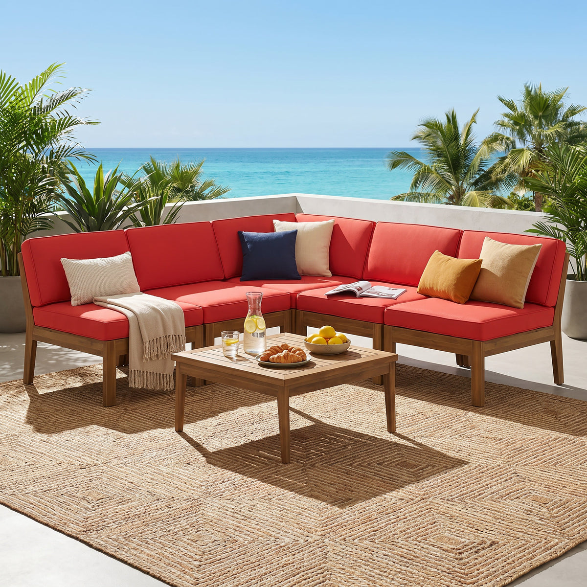 Grenada 5 Seater Acacia Wood Sectional Armless Sofa Set
