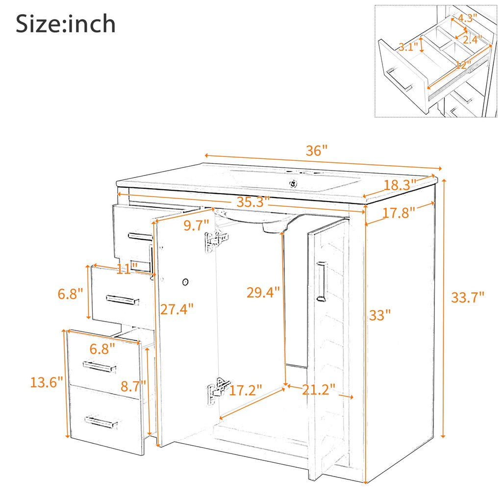 36'' Bathroom Vanity with Ceramic Sink Combo, Solid Wood Frame