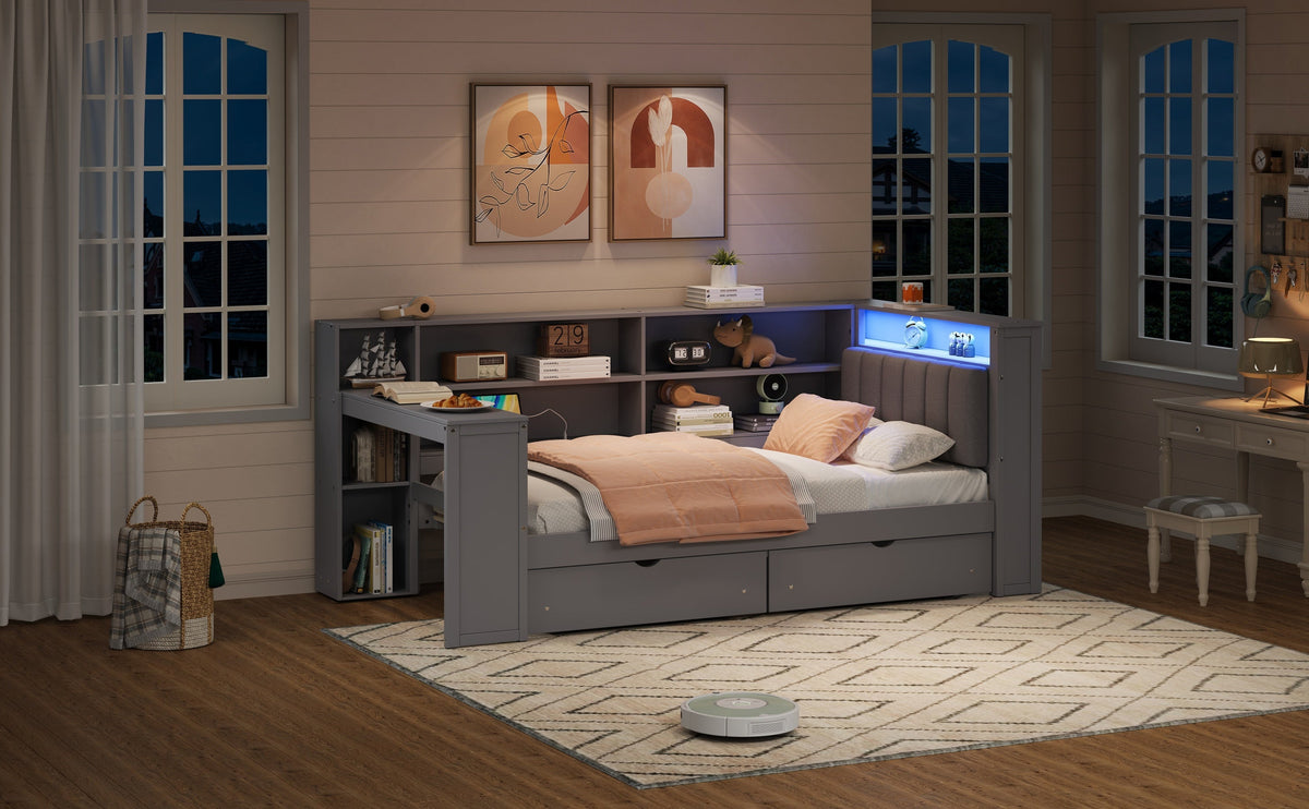 Wood Twin Size Platform Bed with Storage Shelves and Charging Station