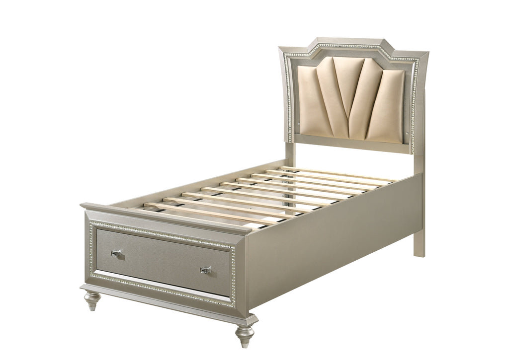 Kaitlyn Synthetic Leather & Champagne Finish Full Bed with LED & Storage
