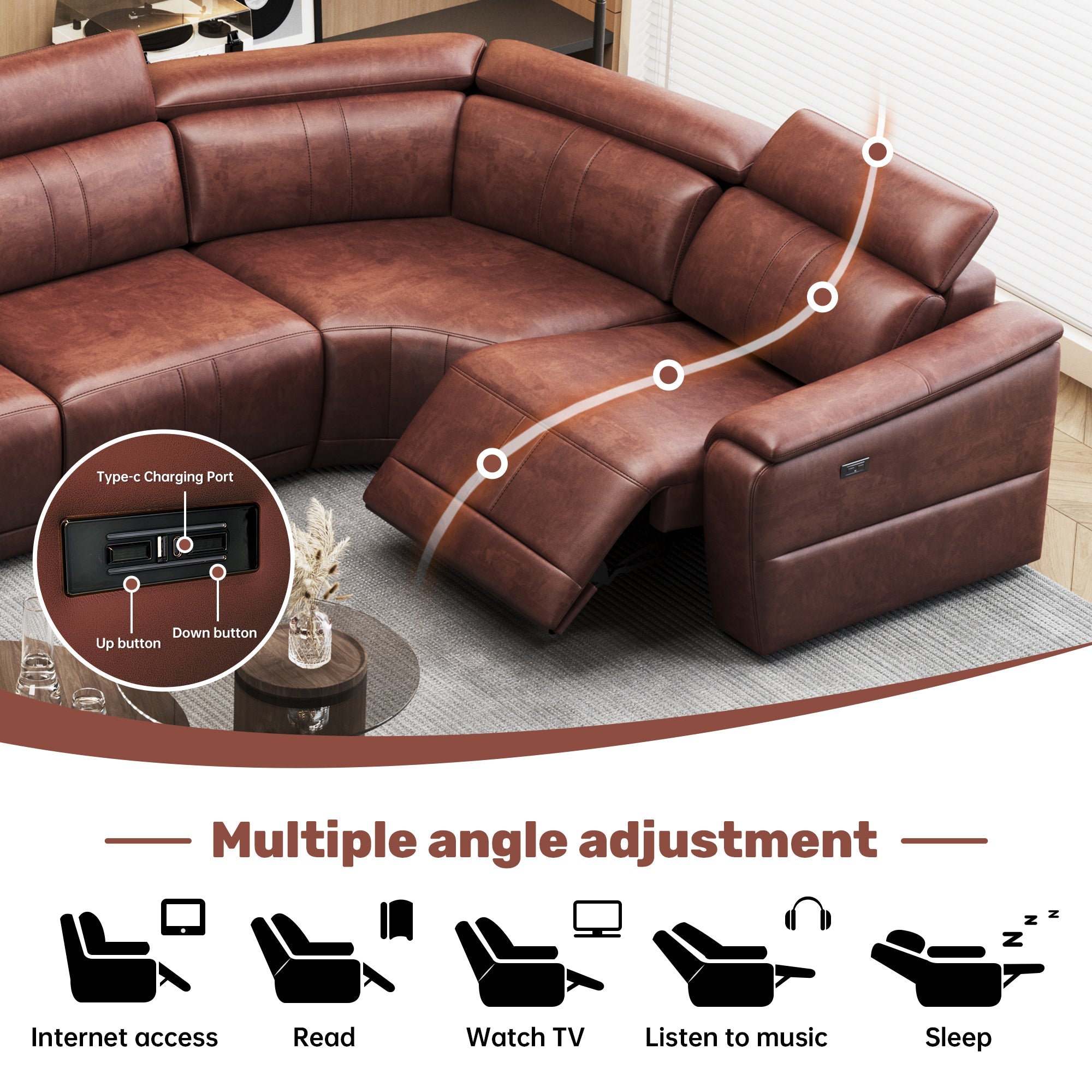 6-Piece Modular Leather Sofa with 2 Cup Holders