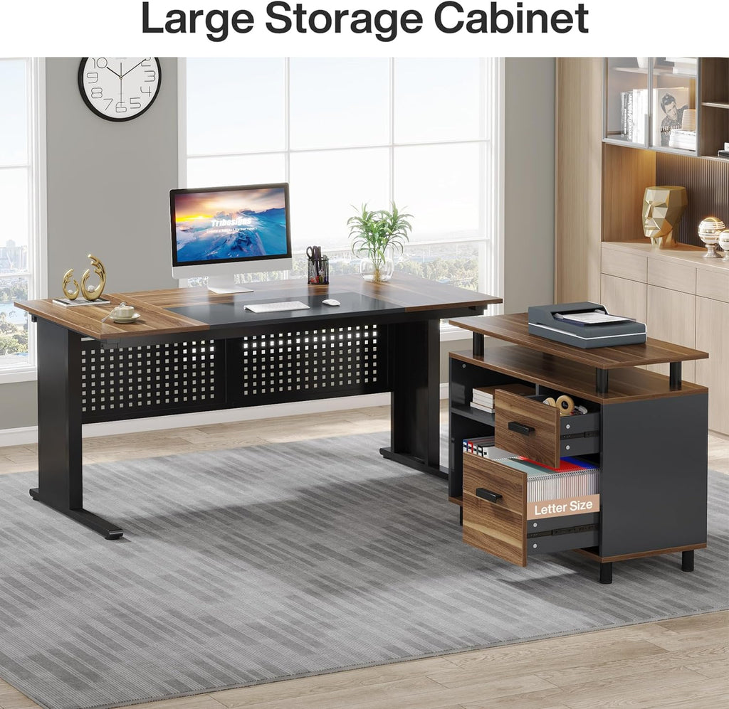 63" L-Shaped Executive Desk with File Cabinet