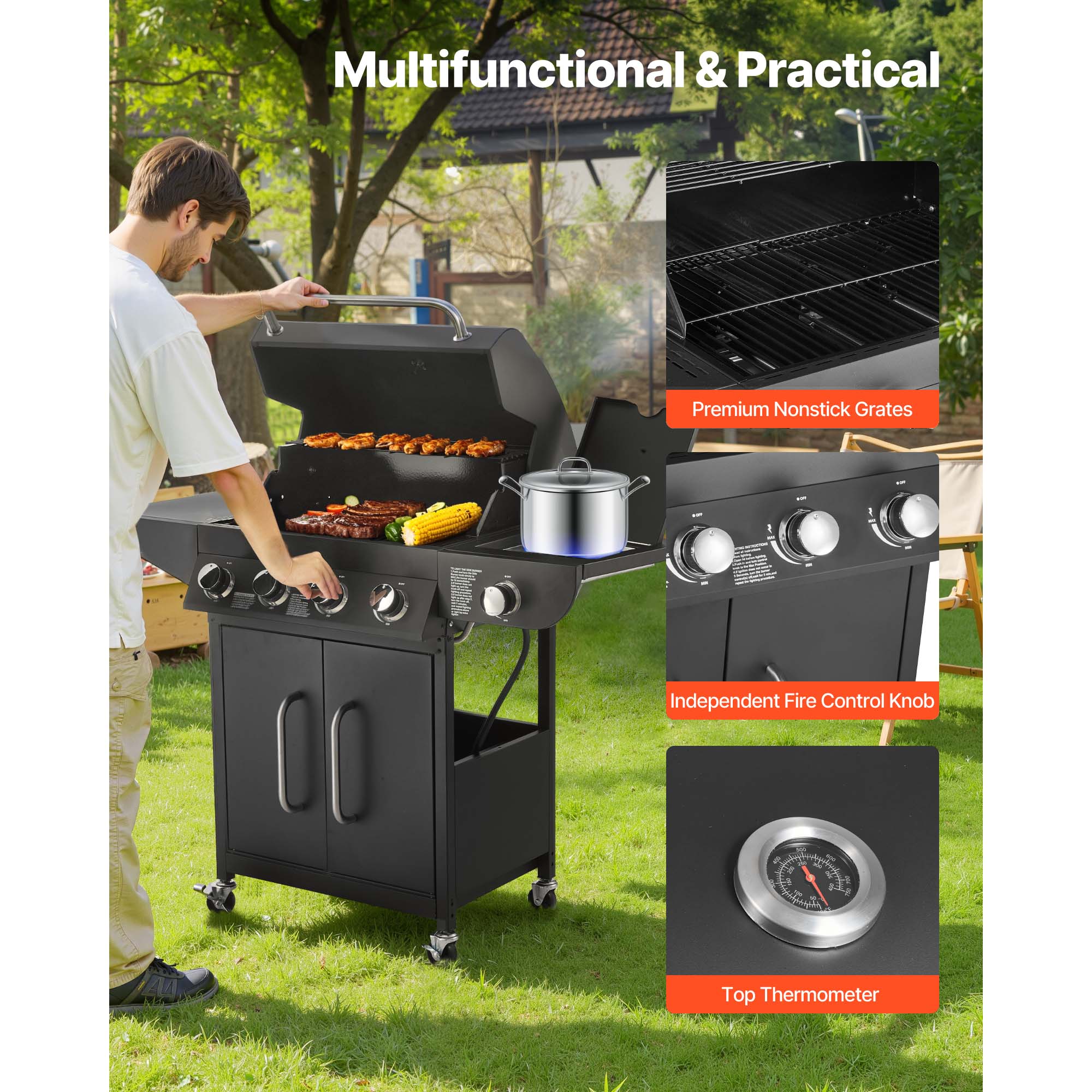 4 Burner Propane Gas Grill with Side Burner