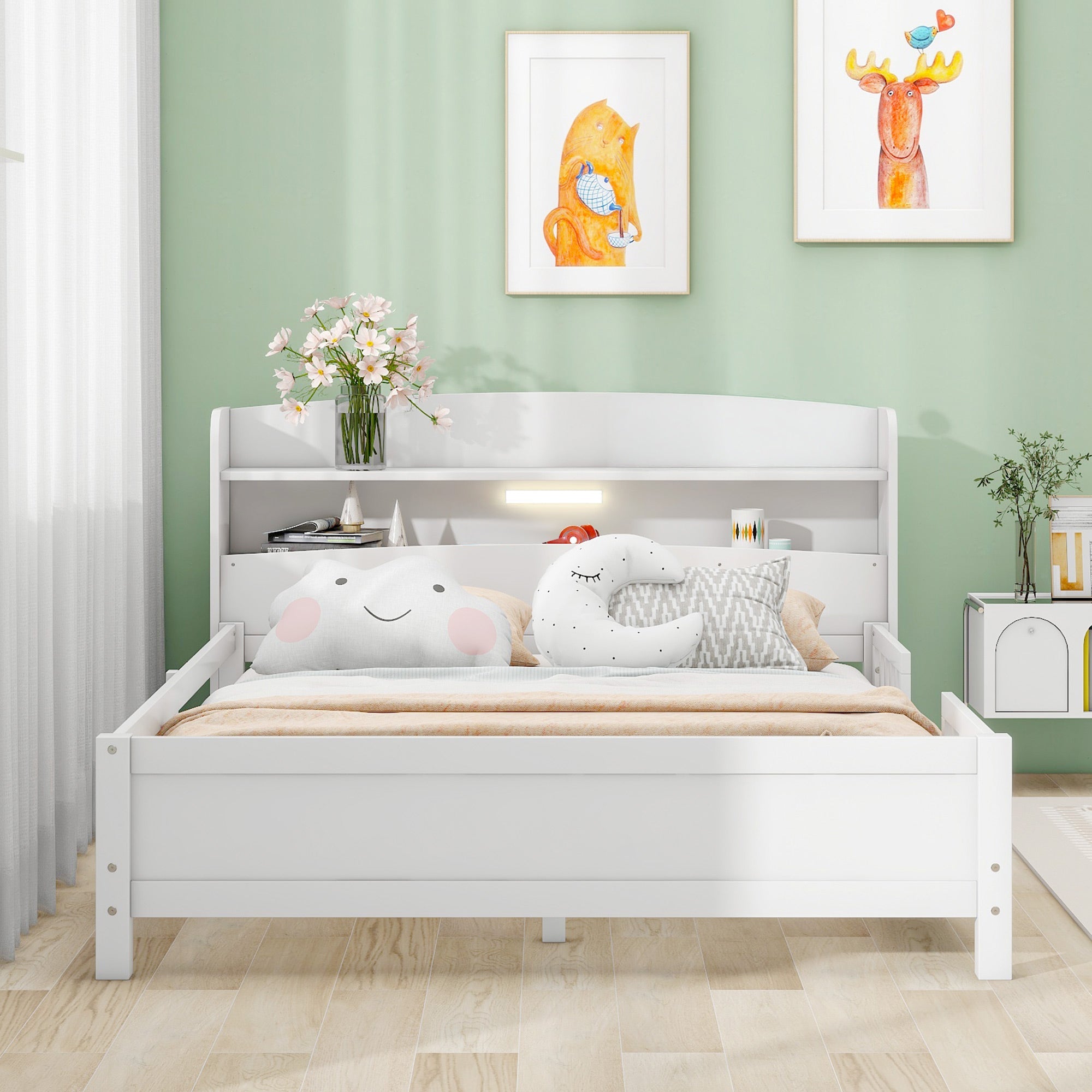Wood Full Size Platform Bed with Built-in LED Light