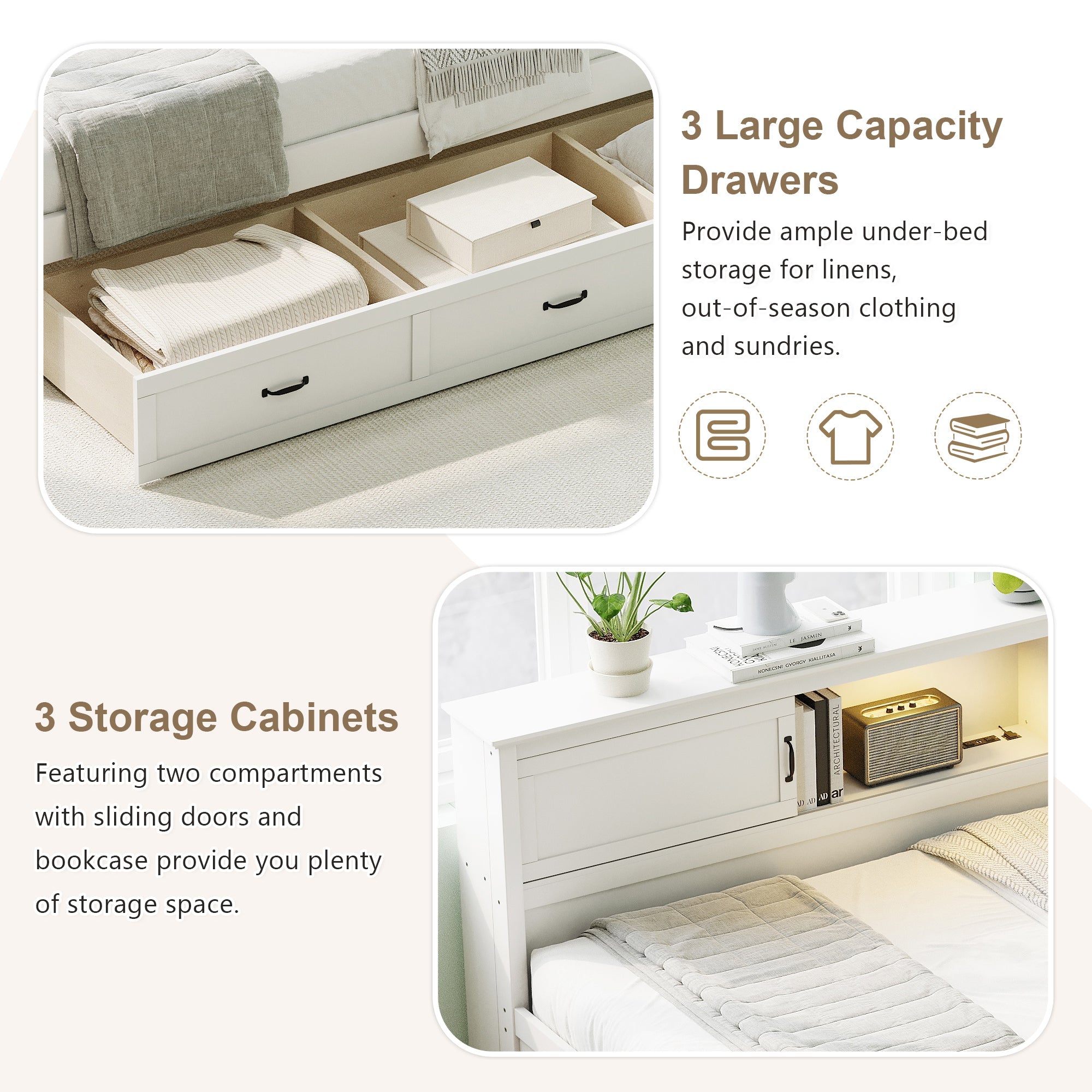L-Shaped Bed Frame with Drawer and Bookcase