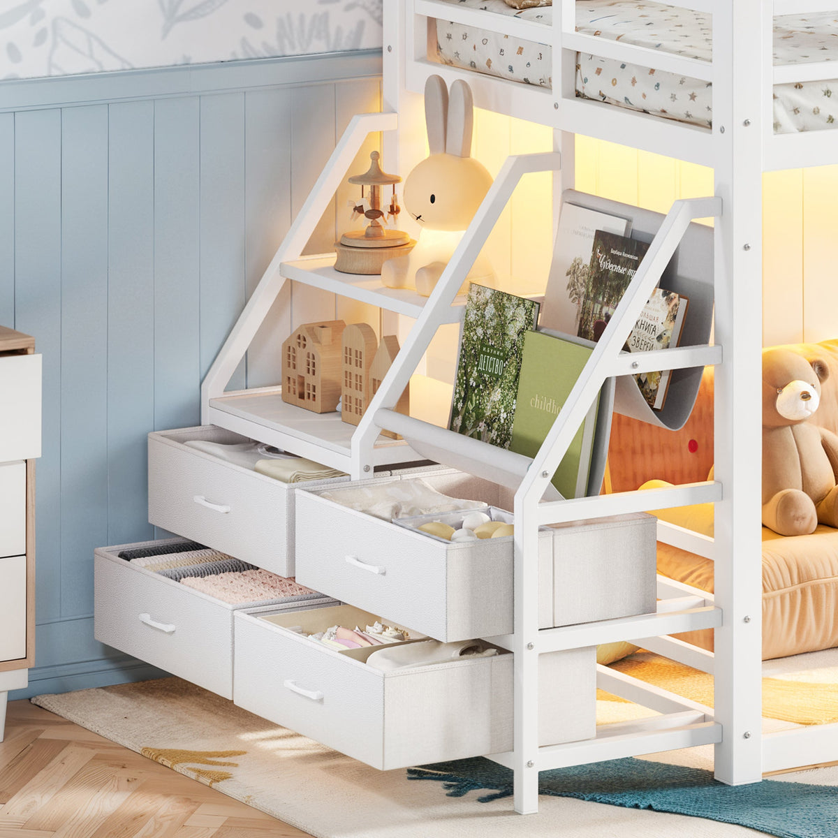 Twin Over Twin Bunk Bed with Storage Shelves and LED Lights