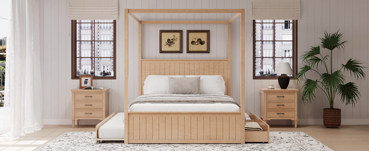 Queen Size Canopy Bed with Trundle and Storage