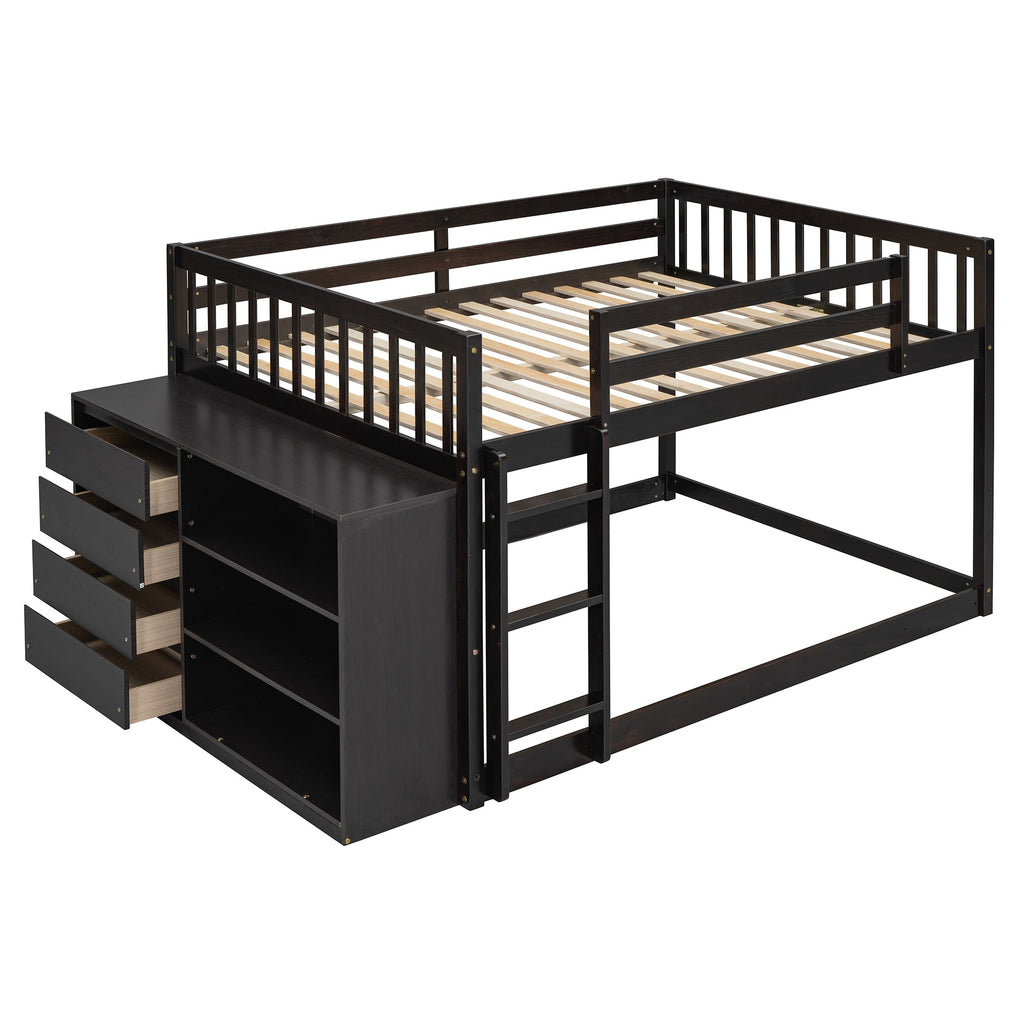 Full Over Full Bunk Bed with 4 Drawers and 3 Shelves - Espresso