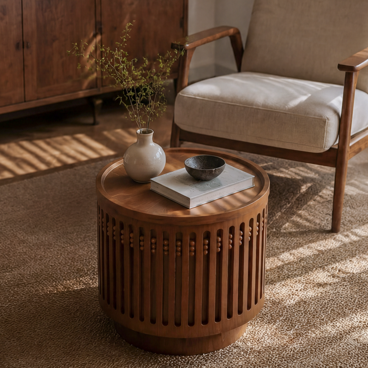 18.9" Round Wooden Side Table with Cylinder Lattice Design