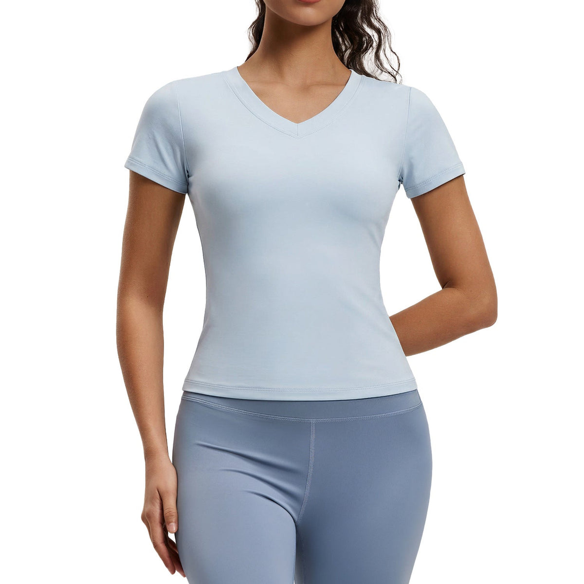 Peach Basic V-neck Short Sleeve Sports Top, Breathable Slim-fit Yoga Shirt For Fitness And Running