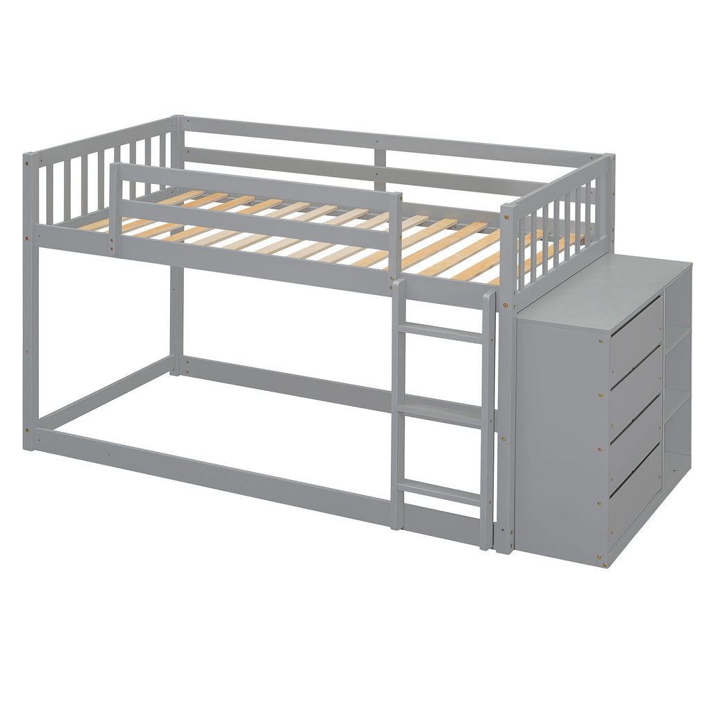Twin Over Twin Bunk Bed with 4 Drawers and 3 Shelves - Gray