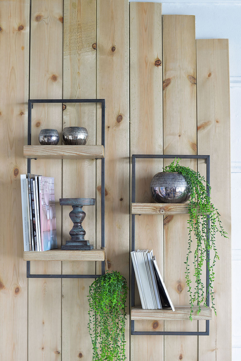 12" x 6" x 27" Iron and Wood Wall Shelf With Two Shelves
