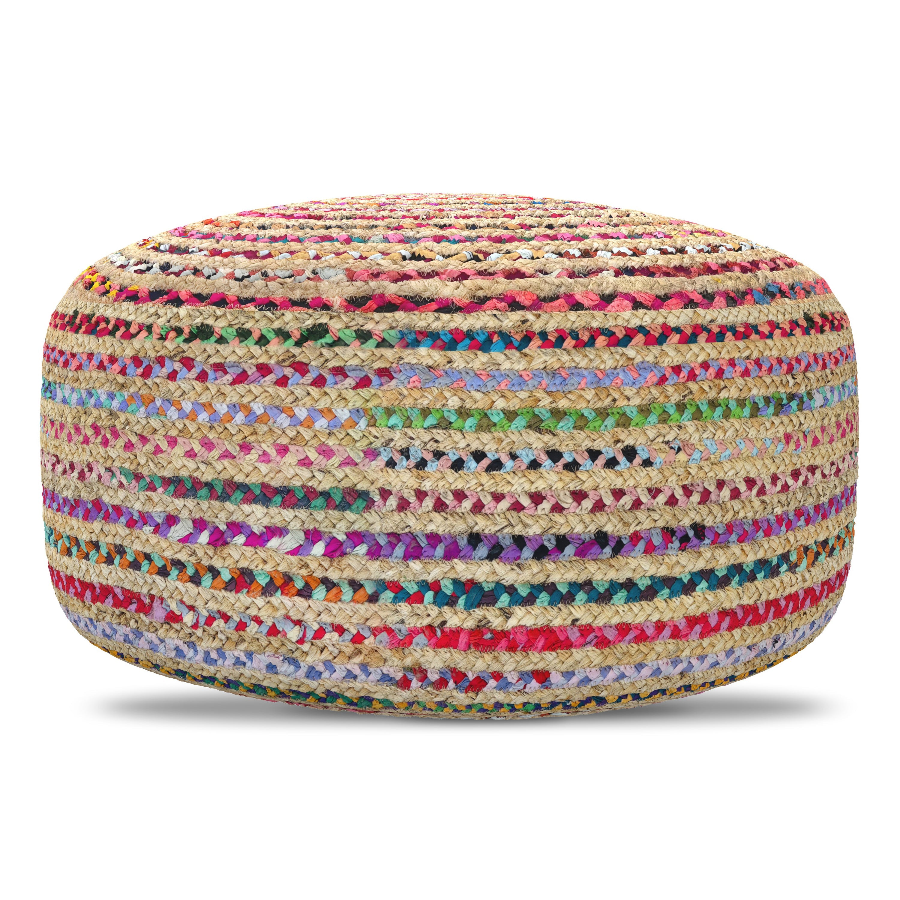 Margo 30 Inch Wide Round Pouf in Multi-Color Handwoven Jute and Cotton