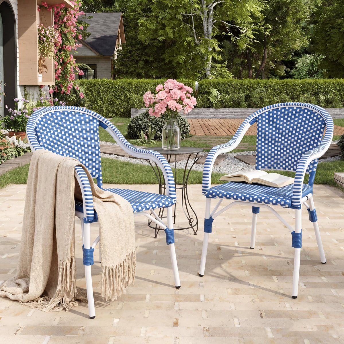 Outdoor Bistro Chairs Set of 2, White and Blue