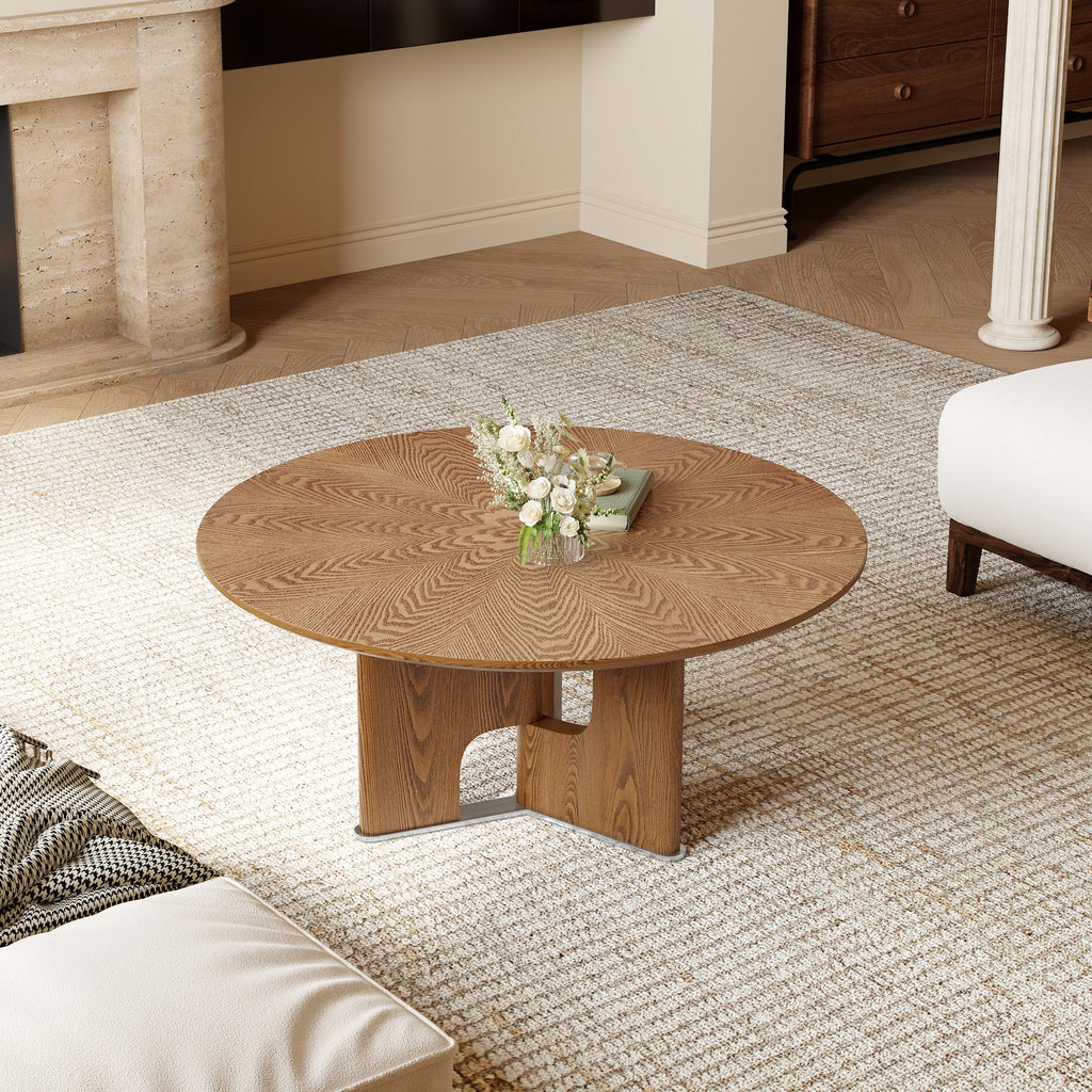 31.5 Inches Round Rustic Ash Wood Veneer Coffee Table