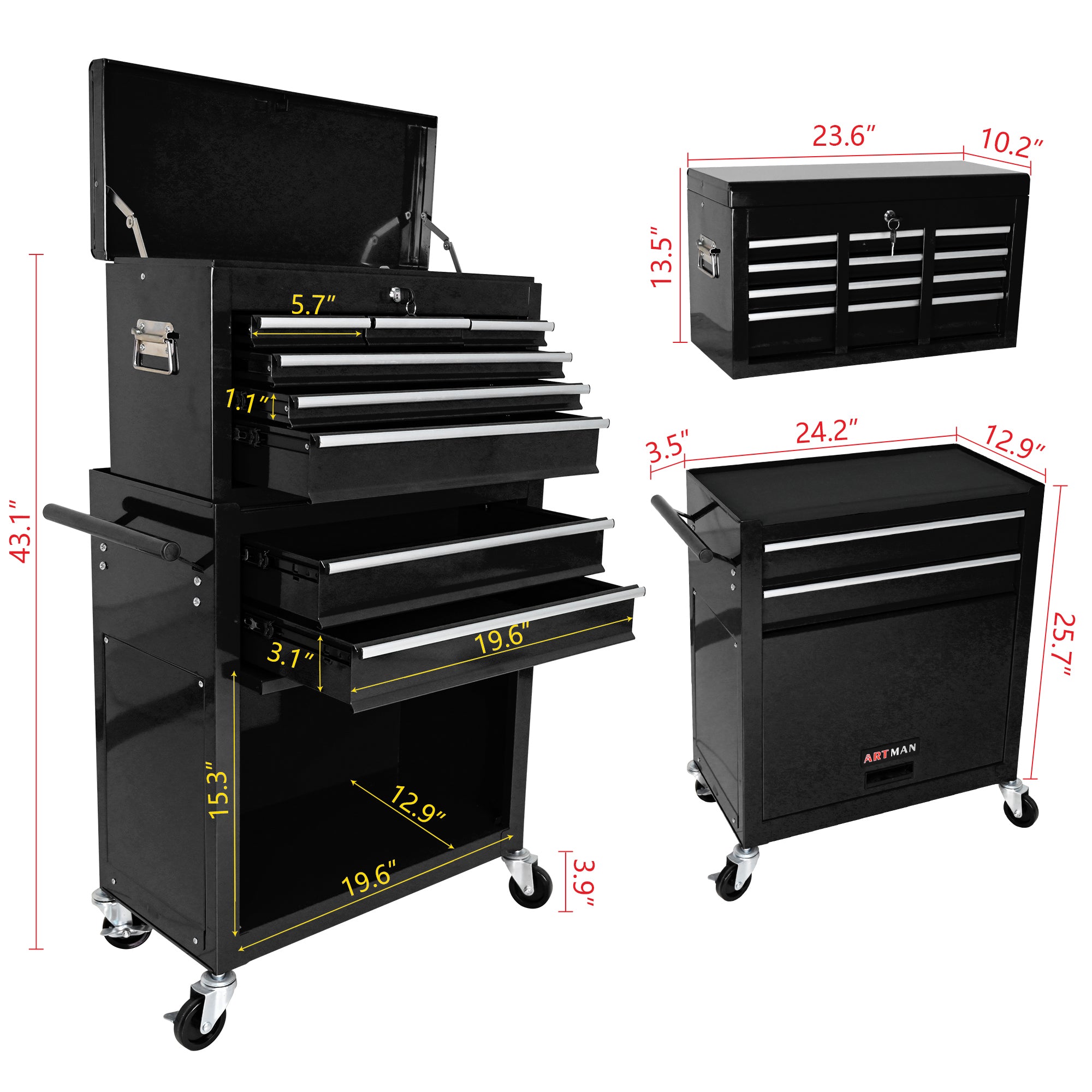 High Capacity Rolling Tool Chest with Wheels and Drawers, 8-Drawer Tool Storage Cabinet--BLACK