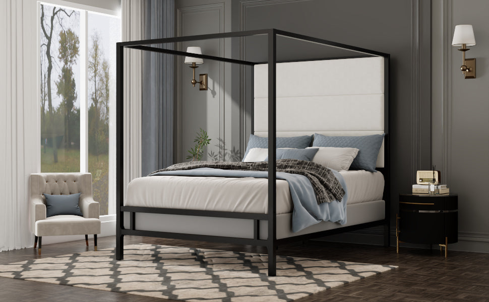 Modern Canopy Bed with Velvet Upholstered Headboard