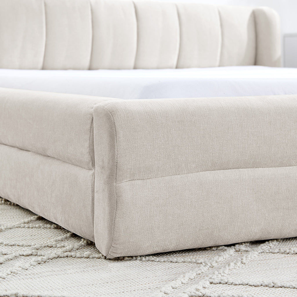 Queen Size Upholstered Bed Frame with Thick Fabric - Beige
